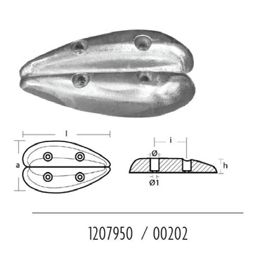 Anodo per Flaps Ovale 85/93/112/117/145, per poppa barca, a goccia in zinco