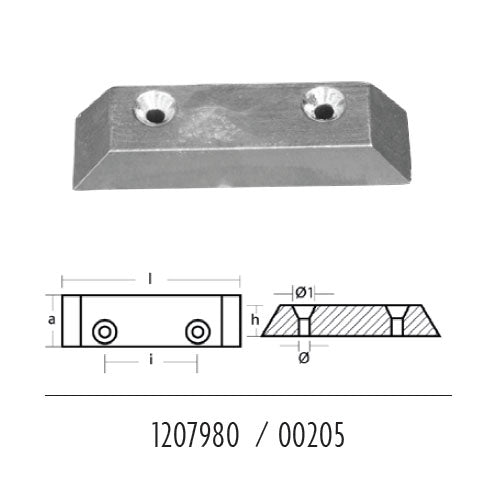 Anodo per Flaps Saipem 118x33, per poppa barca, in zinco