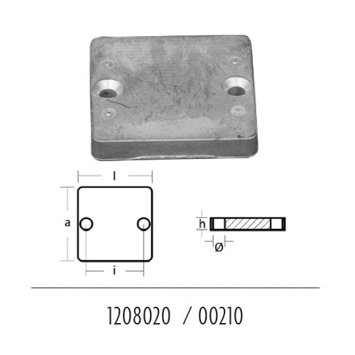 Anodo per Flaps quadrato 64x64, per poppa barca, in zinco