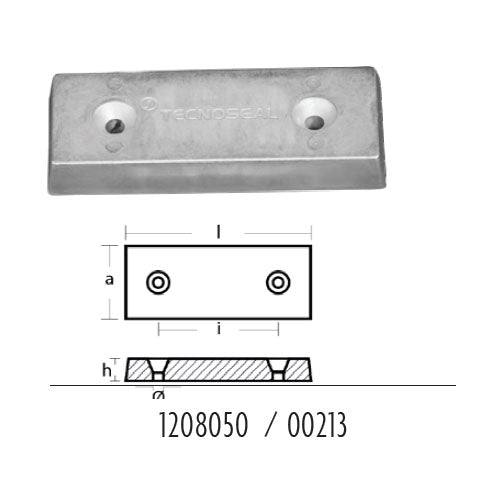 Anodo per Flaps rettangolare 130x50, per poppa barca, in zinco