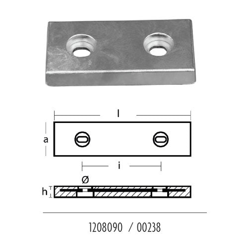 Piastra in zinco per Barca, Scafi, Poppa - Anodo rettangolare, da 110 a 280 mm