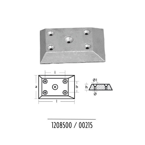 Anodo Piastra Scafo 122X81X20 - 5 Fori per barca in zinco L124