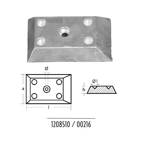 Anodo Piastra Scafo 122X81X20 - 5 Fori per barca in zinco L122