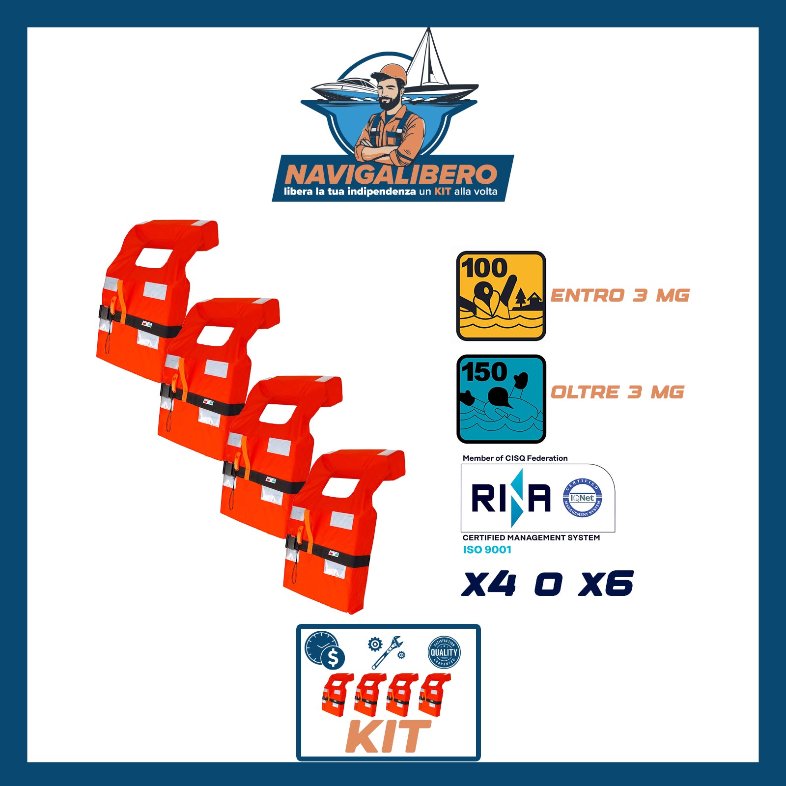 Kit Giubbotti Salvagente Omologati - Giubbini per barca 100N / 150n Solas, MED