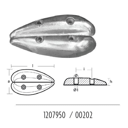 Anodo per Flaps Ovale 85/93/112/117/145, per poppa barca, a goccia in zinco 
