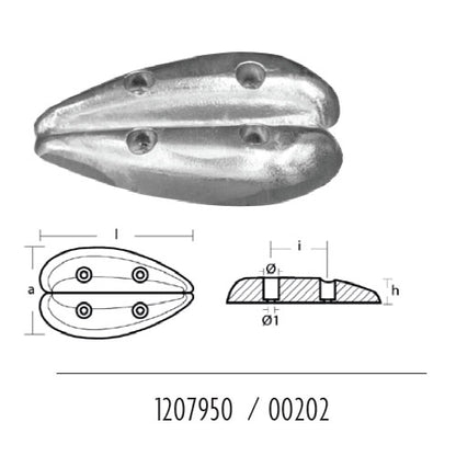 Anodo per Flaps Ovale 85/93/112/117/145, per poppa barca, a goccia in zinco 
