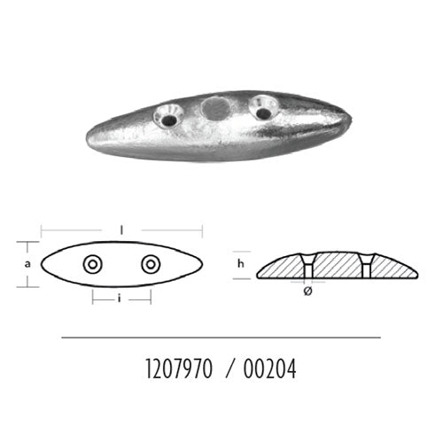 Anodo per Flaps Ovale 85/93/112/117/145, per poppa barca, a goccia in zinco 