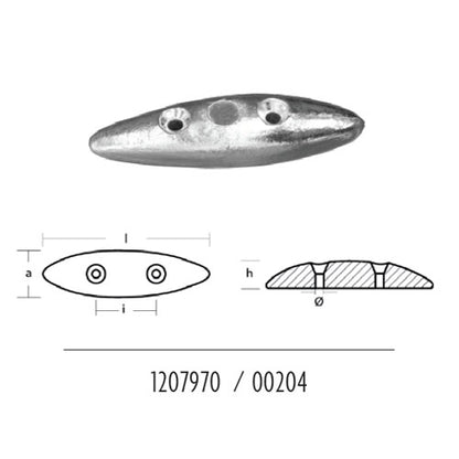 Anodo per Flaps Ovale 85/93/112/117/145, per poppa barca, a goccia in zinco 