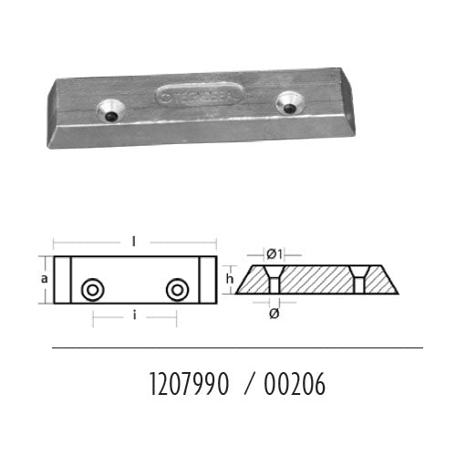 Anodo per Flaps Saipem 175x39, per poppa barca, in zinco 