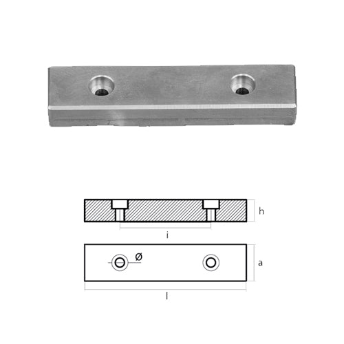 Piastra in zinco per Barca, Scafi, Poppa - Anodo rettangolare da 110x25 a 6 fori