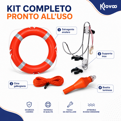 Salvagente Anulare e Supporto Inox per Barca con Cima + Boetta SOLAS/MED