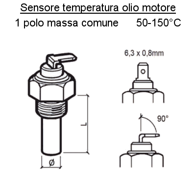 Sensore Temperatura Olio motore Barca, Polo Negativo Comune, 50/150°, Ø9mm