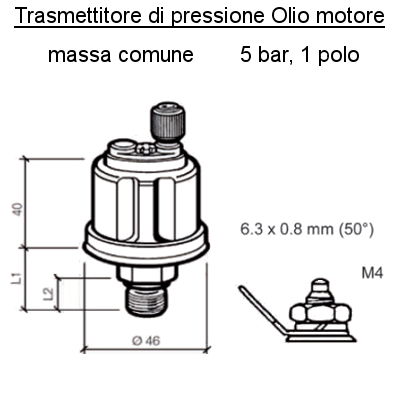 Sensore Pressione Olio Motore Barca Range 5 bar, M12 x 1.25, L1 19.5 mm, L2 10mm