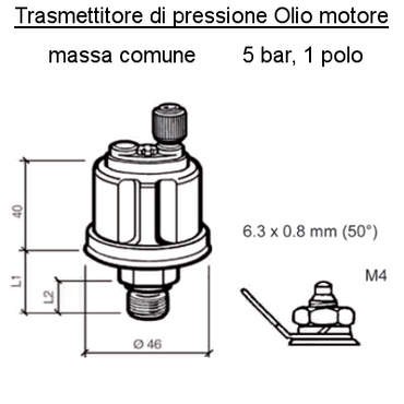 Sensore Pressione Olio Motore Barca Range 5 bar, M12 x 1.25, L1 19.5 mm, L2 10mm