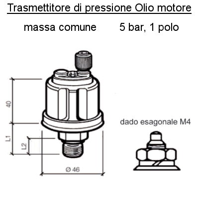 Sensore Pressione Olio Motore Barca Range 5 bar M14 x 1.5, L1 20.5 mm, L2 12 mm
