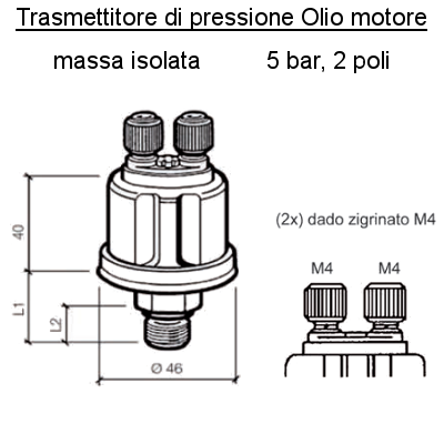 Sensore Pressione Olio Motore Barca 5 bar, 1/8" - 27 NPTF, L1 20.5 mm, L2 12mm