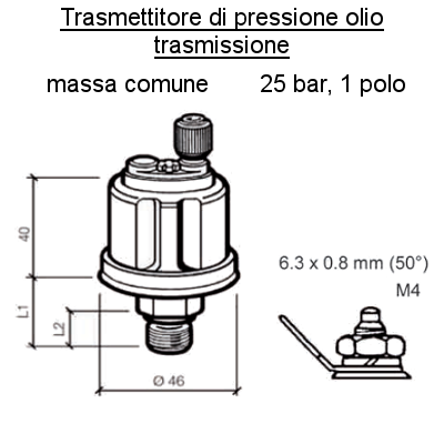 Sensore Pressione Olio Trasmissione (25 Bar)  M10 X 1 Tapered, Short, per barca