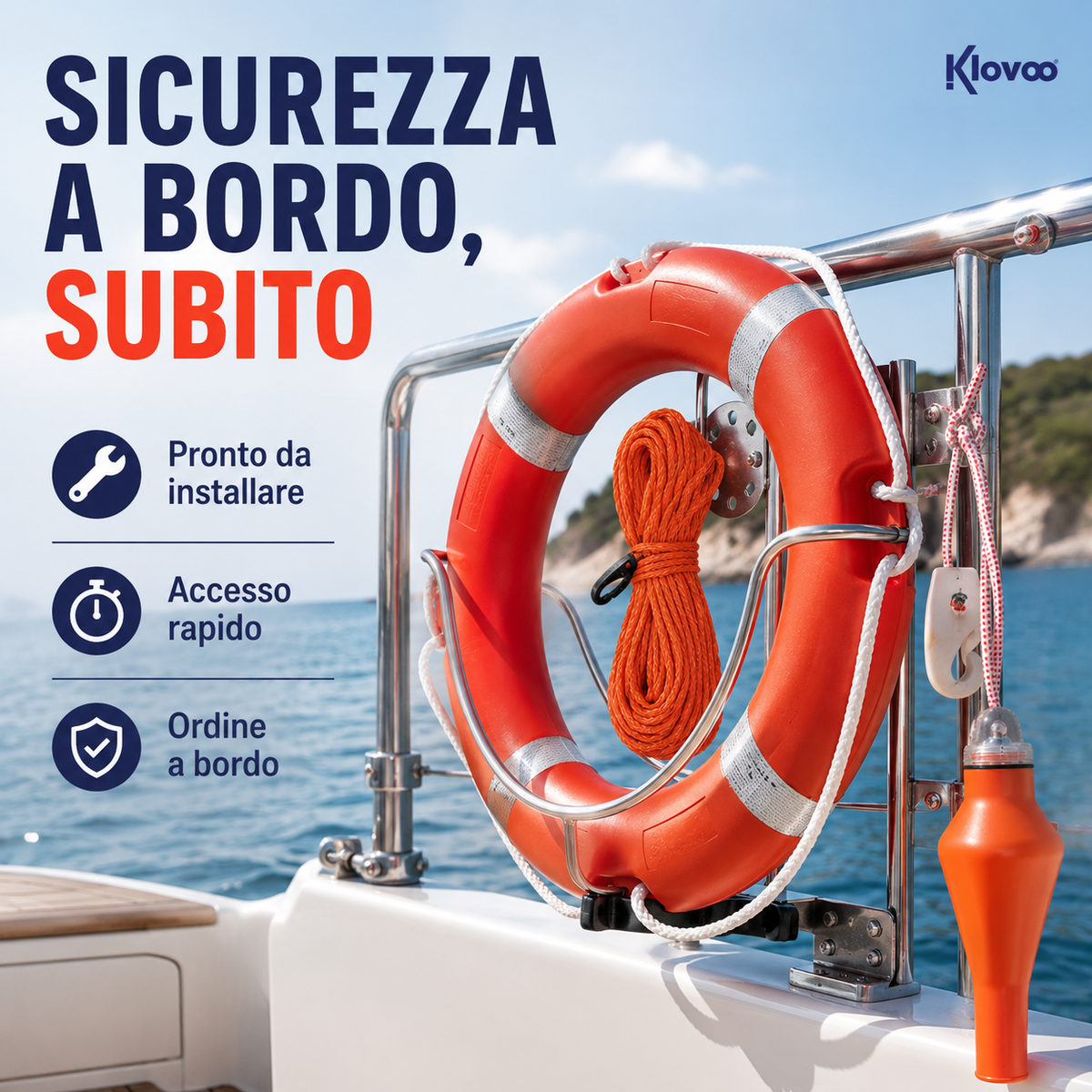 Salvagente Anulare e Supporto Inox per Barca con Cima + Boetta SOLAS/MED