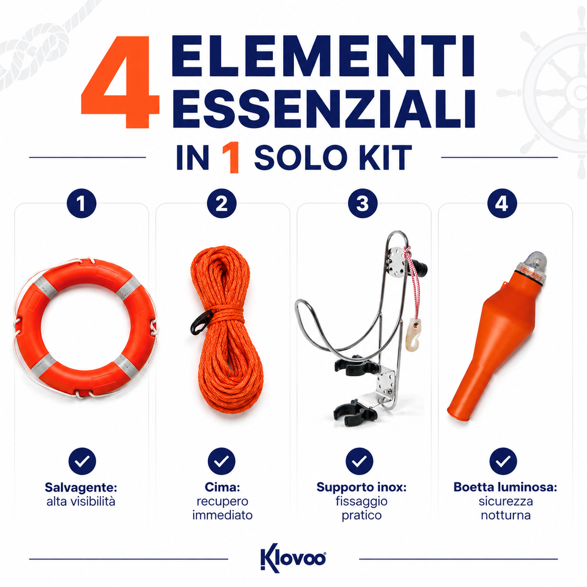 Salvagente Anulare e Supporto Inox per Barca con Cima + Boetta SOLAS/MED