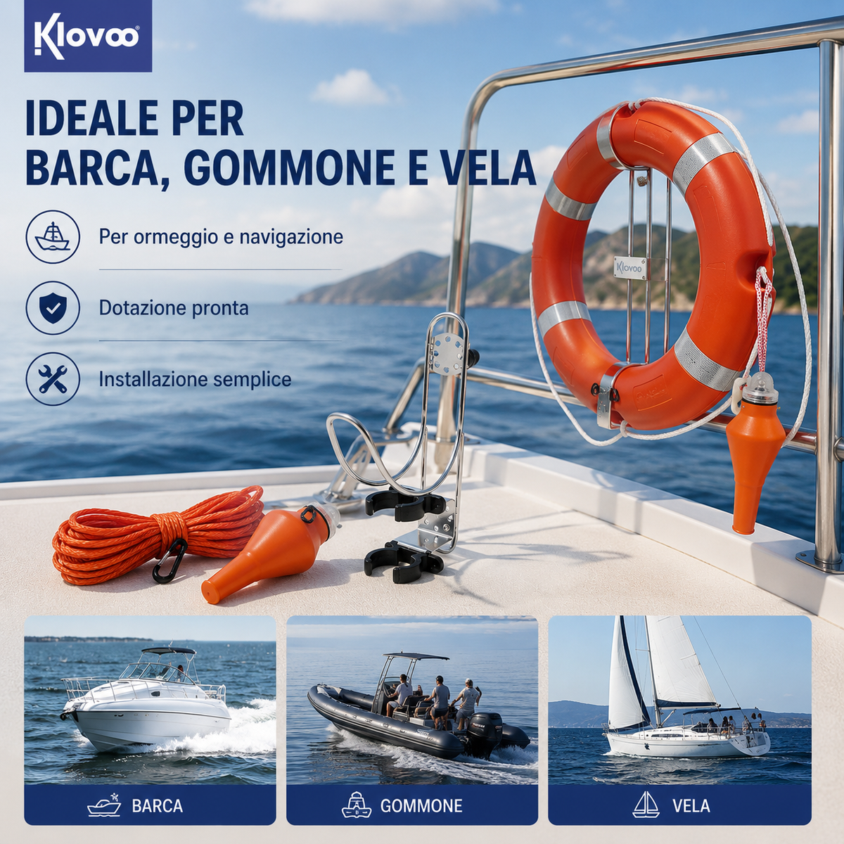 Salvagente Anulare e Supporto Inox per Barca con Cima + Boetta SOLAS/MED