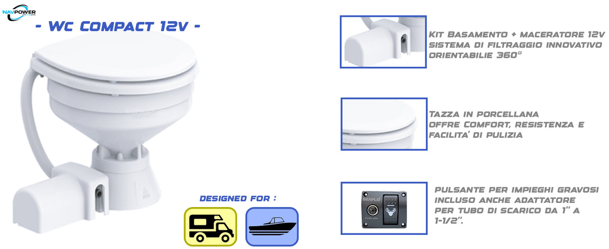 WC elettrico per Barca Camper Compact - In porcellana,  12 Volt con interuttore 