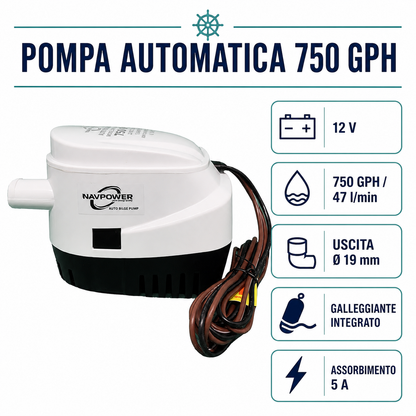 Klovoo Kit Pompa Sentina Automatica 12V 750 GPH, Bilge 1L e Forte 750 ml