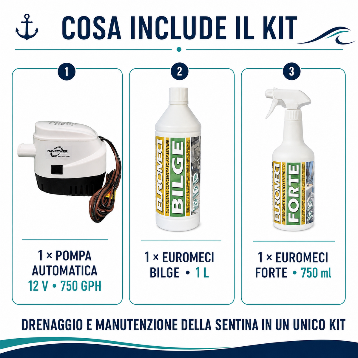 Klovoo Kit Pompa Sentina Automatica 12V 750 GPH, Bilge 1L e Forte 750 ml