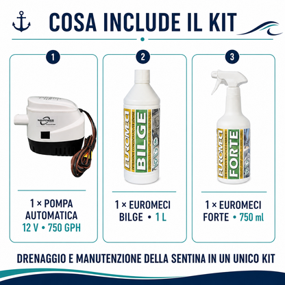 Klovoo Kit Pompa Sentina Automatica 12V 750 GPH, Bilge 1L e Forte 750 ml